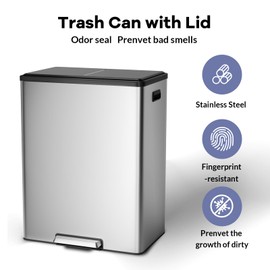 GarveeHome Step Dual Trash Can, 60L/16 Gallon Recycle Bins with Lid, 2 Removable Wastebusket, Step Pedal, Large Stainless Steel Double Trash Bin for Kitchen, Bathroom