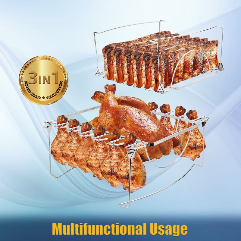 3-in-1 Rib Rack for Smoking & Chicken Leg Rack for