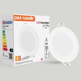 paul russells LED Ceiling Downlights, 4W Slim Recessed Bathroom Downlights, Kitchen Ceilings, 300 Lumens, 4000K Cool/Natural White, Cutout 70-80mm, Round Non-Dimmable Panel Spotlights, 1 Pack