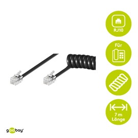 Goobay 68003 Telephone Cable RJ10 Plug Telephone Handset Cable Spiral Cable Telephone Plug RJ10 Cable Landline Telephone Handset Telephone Cable Black 7 m