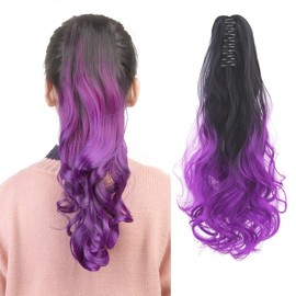 LaLuLoLi Colorful Ombre 2 Tone Cosplay Ponytail Hair Extension Body Wave Wavy Curly One Piece 130g 24"/60cm Claw Jaw Pony Tail Hairpiece Black/Purple Synthetic Extensions for Women