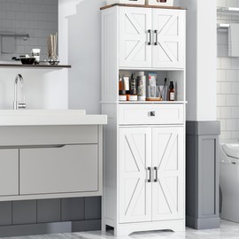 VVFLU Farmhouse Tall Bathroom Storage Cabinet, 67" Linen Cabinet, Freestanding Bathroom Cabinet, Pantry Cabinet, 1 Drawer, 4 Doors, 2 Adjustable Shelves, for Bathroom, Kitchen, Living Room