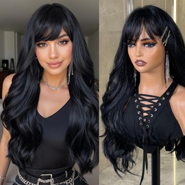 topshe Long Black Wavy Wig With Bangs for Women 26 Inch Curly Wavy Wig With Bangs Natural Looking Synthetic Heat Resistant Fiber Wig for Daily Party & Cosplay Use