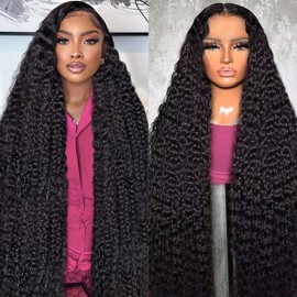 FYKD Deep Wave Lace Front Wigs Human Hair 13x6 HD Transparent Lace Front Wigs Human Hair 200% Density Deep Curly Human Hair Wig Pre Plucked Lace Frontal Wigs Natural Color 36 Inch