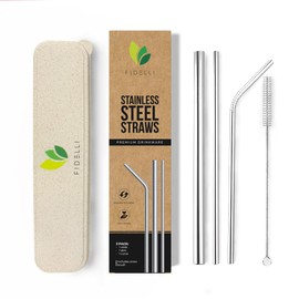 FIDELLI Eco-Friendly Reusable Stainless Steel Straw Set – 3-Piece Travel Kit with Cleaning Brush & Portable Case – Ideal for Smoothies, Cold Drinks, Boba Tea & Eco-Conscious Living