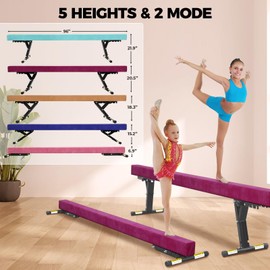 FINCOME Adjustable Balance Beam 8ft Purple, High and Lower Floor Beam Gymnastics Equipment for Kids Children, Gymnastics Beam with Legs for Home, Professional Training, Gymnastic Club Use