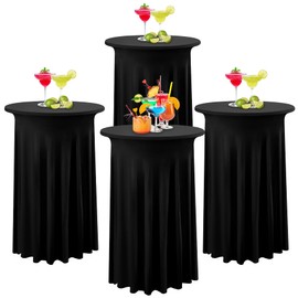 4 Pack 32×43 Inch Black Spandex Cocktail Table Cloth,Wrinkle Free Stretch Cocktail Table Covers with Skirt, High Top Highboy Round Cocktail Tablecloths for Party Wedding Banquet Birthday Bar