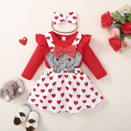 Carolilly 3 Pieces Baby Girl Saint-Valentine Outfits, Lovely Animal and Heart Suspender Tutu Skirt + Romper + Headband（0-18 Months (Red A, 12-18 Months)