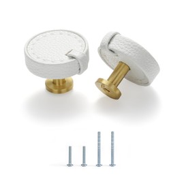 Satanga Kitchen Leather Cabinet Drawer Dresser Knobs Pack of 4 White Brass Round Cupboard Door Bathroom Handles Furniture Wardrobe Hardware One Single Hole Diameter 1 2/5 Inch with Screws Modern
