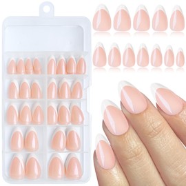 Bellelfin 120Pcs White French Tip Press on Nails Short Fake Nails Almond Nails Press ons Nude Glue on Nails with Glitter Designs,Artificial Acrylic Nails French Tip for Women Girls Fingernails Decor