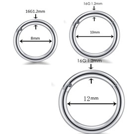 6 Pieces 8/10/12 mm 16G Stainless Steel Nose Ring Hoop Women's Men's Septum Clicker Ring Nose Ring Set Ear Lip Nose Piercing Lip Piercing Cartilage Hoop Earrings for Men Women, Stainless Steel