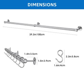 ROTHLEY Hanging Pot Rack Hanger: 39.4 Inch Stainless Steel Pot and Pan Hanger Pot Rack Wall Mounted Hanging Pots and Pans Rack Pot Hangers for Kitchen Wall Kitchen Rail with Hooks (Brushed)