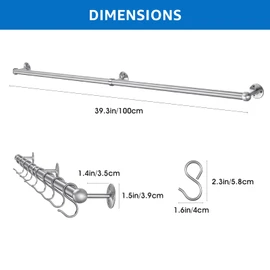 ROTHLEY Hanging Pot Rack Hanger: 39.4 Inch Stainless Steel Pot and Pan Hanger Pot Rack Wall Mounted Hanging Pots and Pans Rack Pot Hangers for Kitchen Wall Kitchen Rail with Hooks (Brushed)