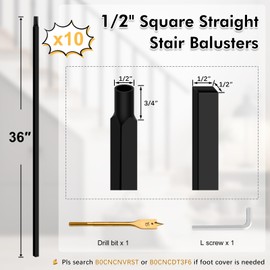 Gyykzz 10 Pcs Iron Balusters for Staircase, 1/2" x 36" Wrought Iron Balusters, Metal Square Straight Hollow Iron Spindles for Stairs, Black Iron Stair Balusters for Staircase Interior