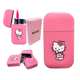 NIVEK Kitty Lighter Pink Flame KT Cat Dress Pink Top Torch Pocket Size Glitter Y2K Refillable Kawaii Windproof Flame Anime with Box