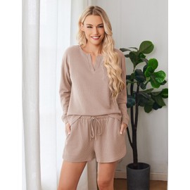 Ekouaer Pajama Set for Women Waffle Knit Lounge Sets Long Sleeve Top and Shorts Sleepwear Matching Loungewear,Beige,L