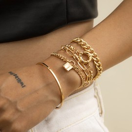 JWICOS Gold Boho Bangle Bracelets for Women and Girls Cuban Paperclip Cuff Bracelets Tiny Beaded Bracelet with Cricle Flat Chunky Chain with Lock Set of 5 (Gold)