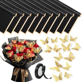 20 Sheets Flower Wrapping Paper with 12Pcs 3D Butterfly Decor and 24 Yards Satin Ribbon Gold Edge Waterproof DIY Bouquet Accessories for Birthday Wedding Mother's Day Party Black