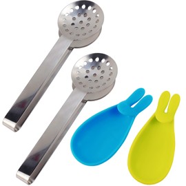 GXXMEI 2PCS Stainless Steel Tea Bag Tongs with 2PCS Bunny Silicone Tea Bag Holders, Round Tea Bag Squeezer - 6inch Tea Bag Strainer Clips Herb or Sugar Ice Cube for Kitchen Bar Tools