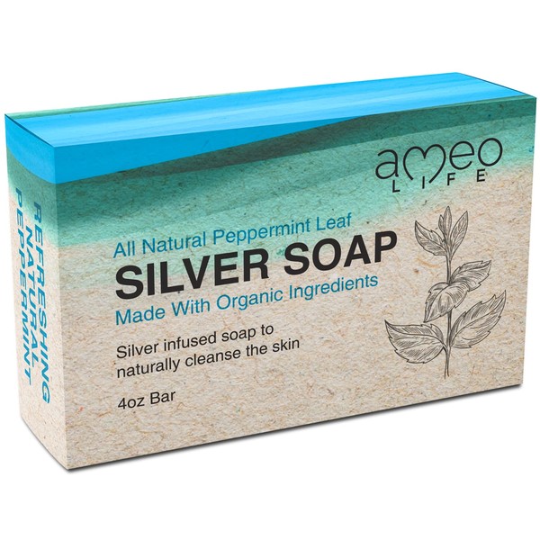 Ameo Life Peppermint Silver Soap with 30 ppm Silver - Naturally Cleanses the Skin, 4 oz Colloidal Silver Soap Bar for Women and Men