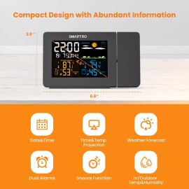 SMARTRO SC91 Projection Alarm Clock for Bedrooms with Weather Station, Wirele...