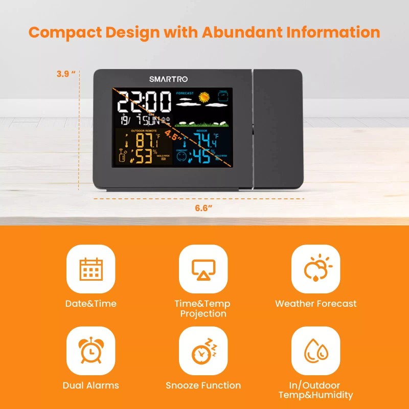 SMARTRO SC91 Projection Alarm Clock for Bedrooms with Weather Station,