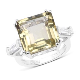 Bonyak Jewelry Genuine Asscher Cut Lemon Quartz and White Topaz Ring in Sterling Silver - Size 7.00