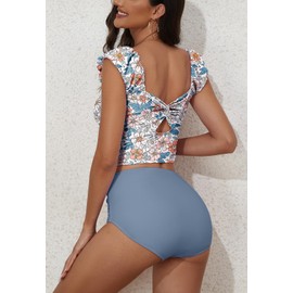 Eomenie Tankini Swimsuits for Women Ruched Tummy Control Bathing Suit Two Piece Swim Tank Top with High Waisted Bottom Orange Floral