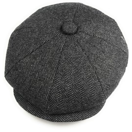 Hats of London Mens Newsboy Cap 8 Panel Grey Herringbone Baker Boy Flat Cap with Snap Button at The Front Small/Medium