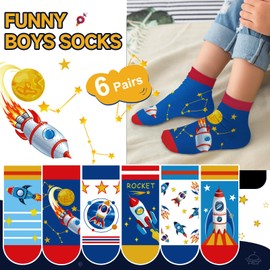Queenshin Boys Socks 8-10 Years Old Cartoon Sock Ankle Rocket Funny Novelty Cute Crazy Socks for Kids 6 Pairs No Show Low Cut Cotton Birthday Christmas Gift