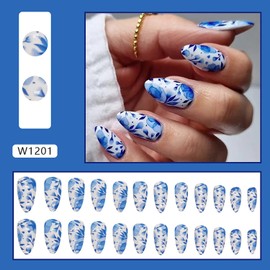 Vezocim Press on Nails Almond Medium Length, 24Pcs White Artificial Fake Nails with Blue Flower Designs, Glossy Full Cover Acrylic False Nails with Glue for Women