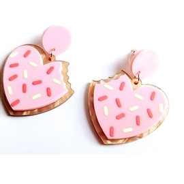 Pink Sugar Cookie Heart Earring Earrings Acrylic Doughnuts Donuts Pastry Baker Bakeries Studs Drop Gold Fruit Twin Cherry Strawberry Garden Desert Cottage Cottagecore Red Nature Sweet Kawaii Party 70s Punk Round Retro Cartoon Metal Shred Passion Love Dan