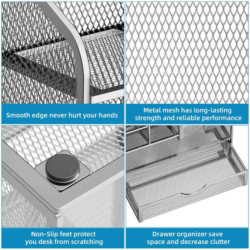 Marbrasse Mesh Pen Holder for Desk, Pen Organizer with Drawer,
