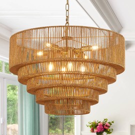 YOMECOO 25.6" Large Hand-Woven Rattan Chandelier Vintage 8-Lights Farmhouse Boho Bamboo Chandelier Light Fixture Retro Drum Wicker Rattan Golden Chandelier for Dining Room, Kitchen, E12