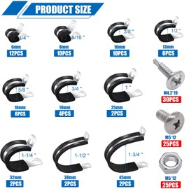 Twidec/136PCS Cable Clamps Assortment Kit 304 Stainless Steel Rubber Coated Cushion Clamps 10 Sizes 1/4" 5/16" 3/8" 1/2" 5/8" 3/4" 1" 1-1/4" 1-1/2" 1-3/4" With Screw For Automotive Wire Pipe Clamps