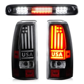 Bomusou LED Tail Light + 3rd Brake Light Kit Fit for Chevy Silverado 1500 2500 HD 1999-2002, for GMC Sierra 1500 2500 HD Fleetside 1999-2003, Taillights and High Mount Stop Light, 3 Pcs, Smoke Lens