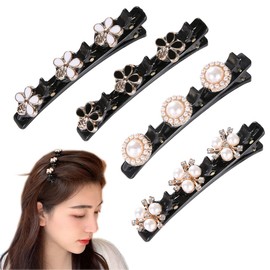 Morices 4pcs Double Layer Braid Hair Clips,Rhinestone Flowers Double Bangs Hairstyle Hairpin Magic Hair Claw Clip,Fashion Front Hair Braiding Tools Hair Accessories for Women Girls