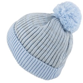 Kids Knit Daily Pom Beanie Hat with Thick Fleece Lining for Boys and Girls Versatile Winter Warm Cozy Skull Hats for Children (Sky Blue)