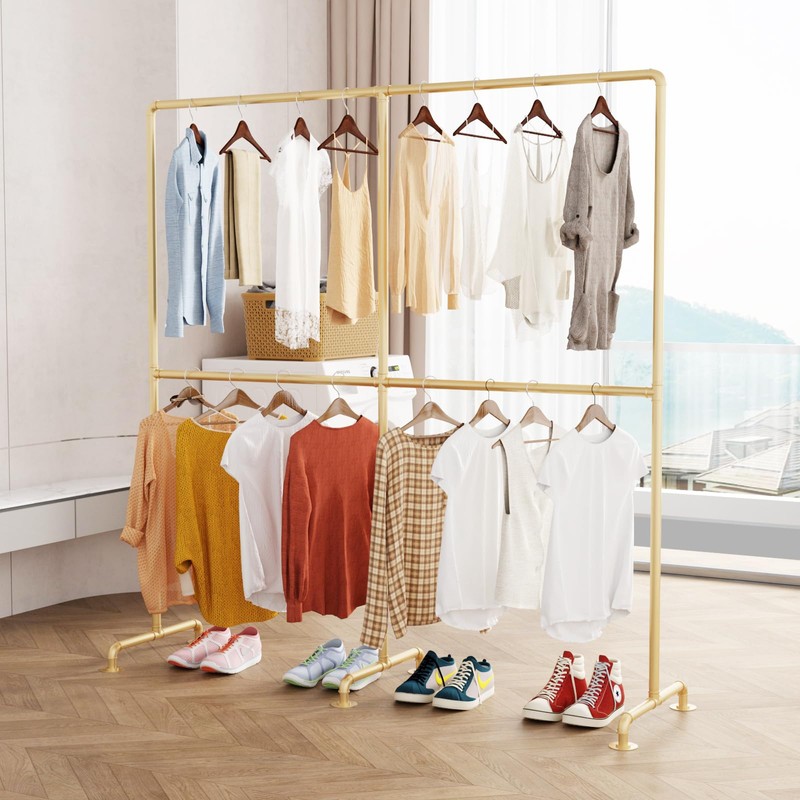 FONECHIN Industrial Pipe Clothing Rack, Double Rod Clothes Rack for