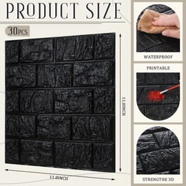 Tinlade 30 Pcs 28.81 Sq ft 3D Wall Panels Peel and Stick Foam Brick Wallpaper Printable Faux Brick Wall Panels Decorative Self Adhesive Tiles Waterproof(Black)