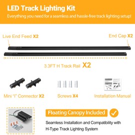 VANoopee 6.6FT H Track Lighting Rails Black, H Type Track Lighting Kit with Floating Canopy Connector, End Caps, Live End Feeds, I Connectors, Compatible with Single Circuit H Style Track System