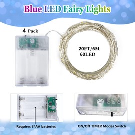 4 Pack 20FT 60LED Battery Operated Fairy Lights with Timer, Waterproof Battery String Lights Outdoor Indoor, Battery Twinkle Lights for Bedroom Wedding Birthday Party Chirstmas (Blue)