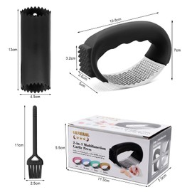 Bemodst Garlic Pressing Rocker set, 304 Food Grade Stainless Steel Garlic Masher, Two in One Peeler, Ergonomically Designed Handle, Easy to Use and Easy to Clean with Garlic Cleaning Brush. (Black)