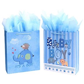 12.5" Medium Baby Gift Bags with Tissue Papers for Baby Showers 2-Pack (Blue)
