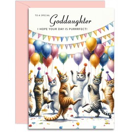 Goddaughter Birthday Card - Dancing Cats Design - Happy Birthday Card for Her. A5 with Pink Envelope - Designed and Printed in the UK