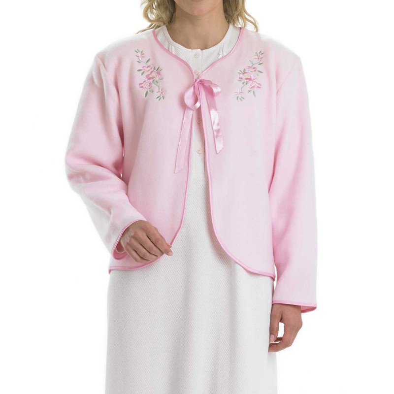 Slenderella Ladies Polar Fleece Ribbon Tie Bed Jacket Floral Embroidered