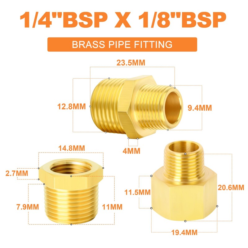 GASHER 15PCS Brass Pipe Fitting, Hex Bushing, Reducer Adapter, Reducing