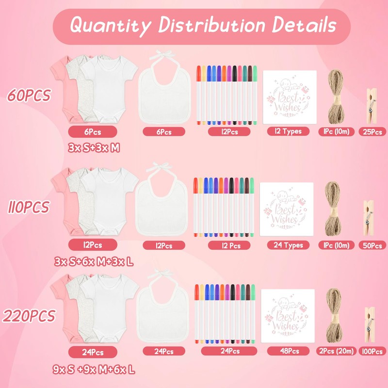 60/110/220 Pcs DIY Baby Bibs Bodysuit Set Baby Shower Game