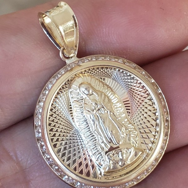 14k yellow gold virgin Mary Holy mother diamond cut round pendant charm 1.25"lng