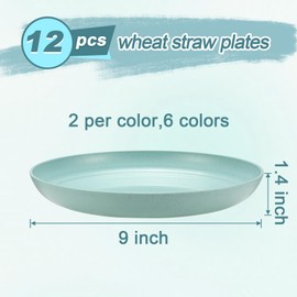 HEYCOME 12 Pcs Unbreakable Deep Dinner Plates Set, 9 inch Reusable Plastic Wheat Straw Plates, Microwave and Dishwasher Safe Plate for Kitchen, Lightweight Plate for Dessert, BPA Free, 6 Colors